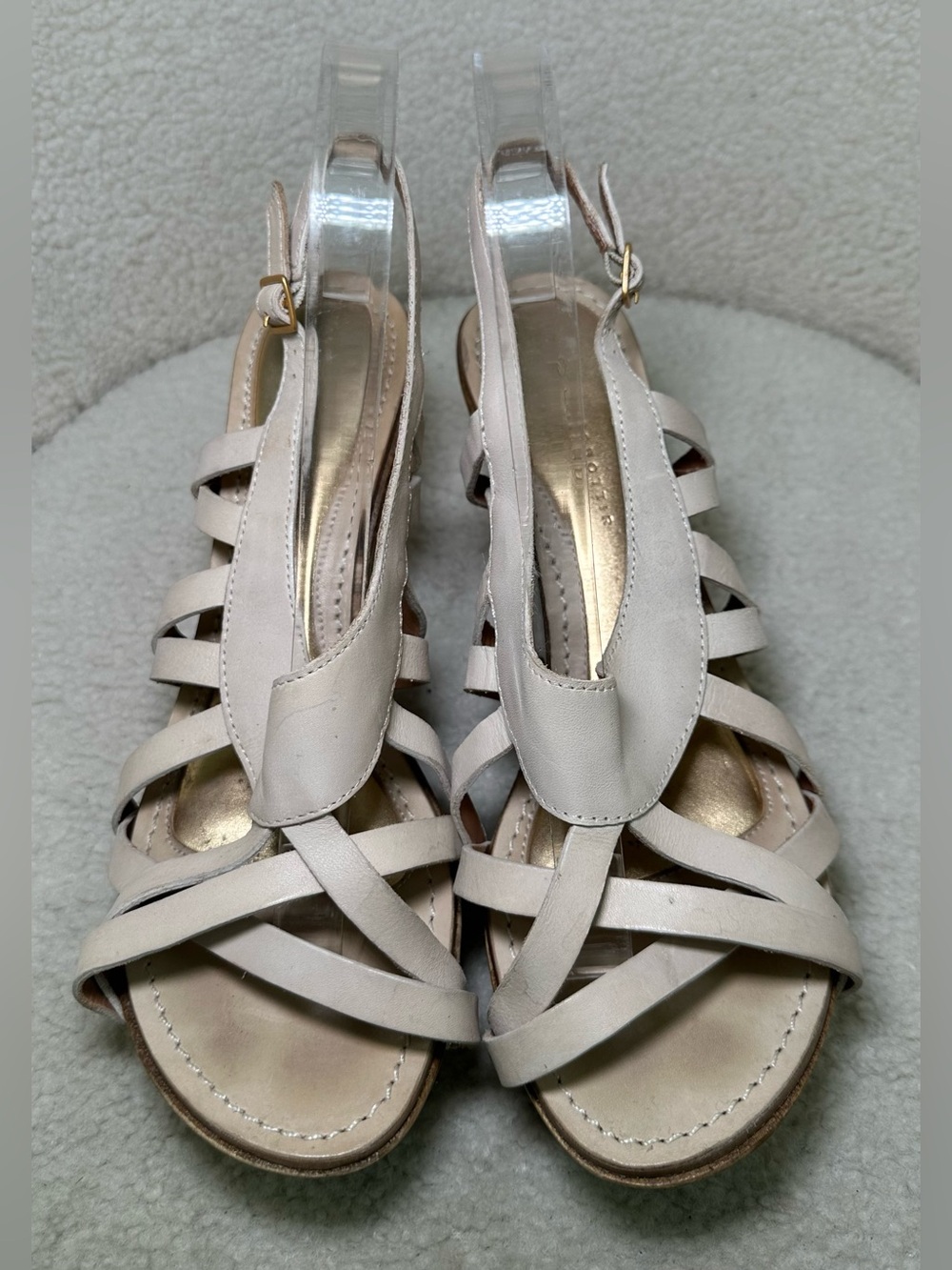 Leifsdottir Vintage Anthropologie Ivory Leather Wood Platform Wedge Strappy 9 - Picture 4 of 12